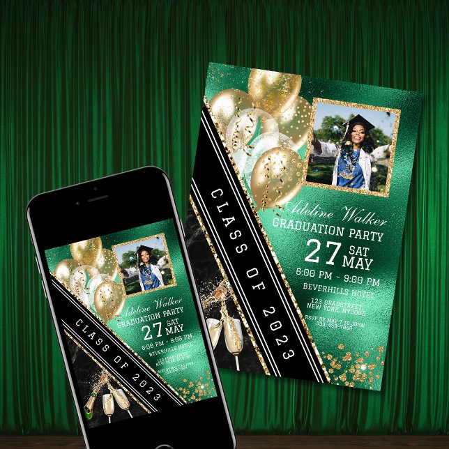 Invitation de la partie de graduation verte et or (Créateur téléchargé)