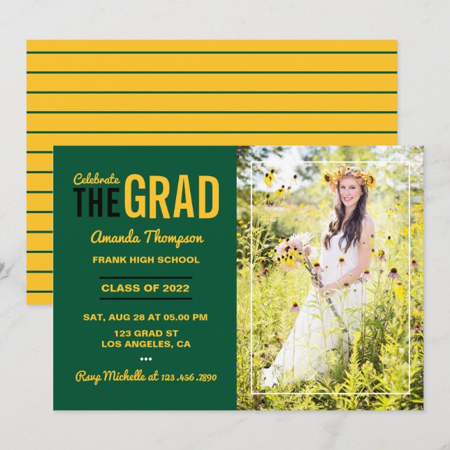 Invitation de la partie de graduation verte et or (Devant / Derrière)
