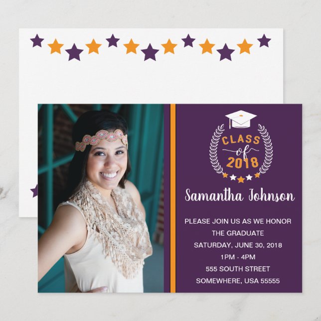 Invitation de la partie de graduation violet et or (Devant / Derrière)