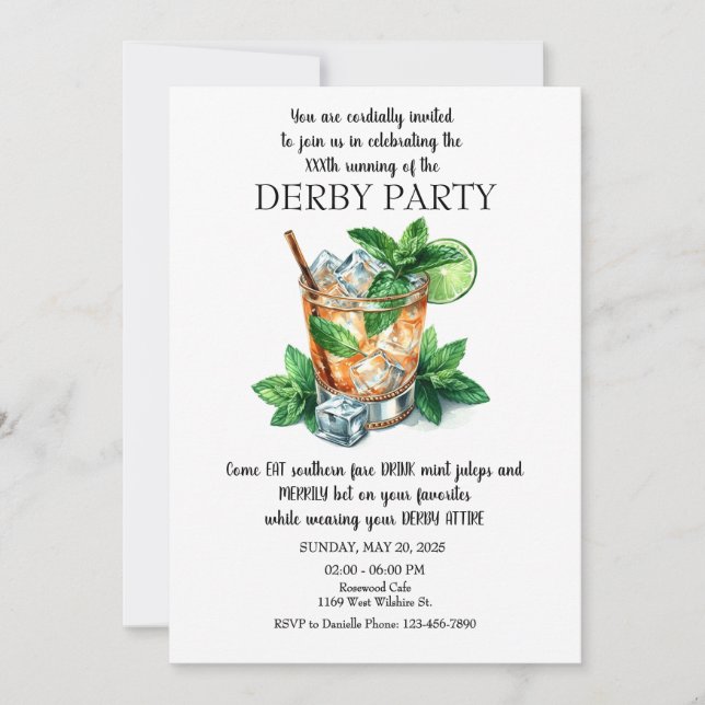 Invitation de la partie de la Mint Julep Derby (Devant)