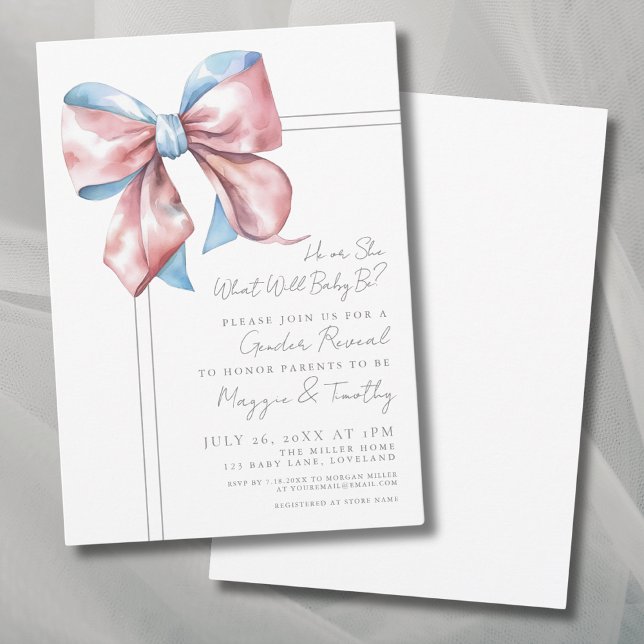 Invitation de la partie de révélation de genre ros (Pink And Blue Bow Gender Reveal Party Invitation)