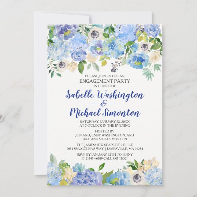 Invitation de la partie d'engagement Floral Bleu e (Devant)