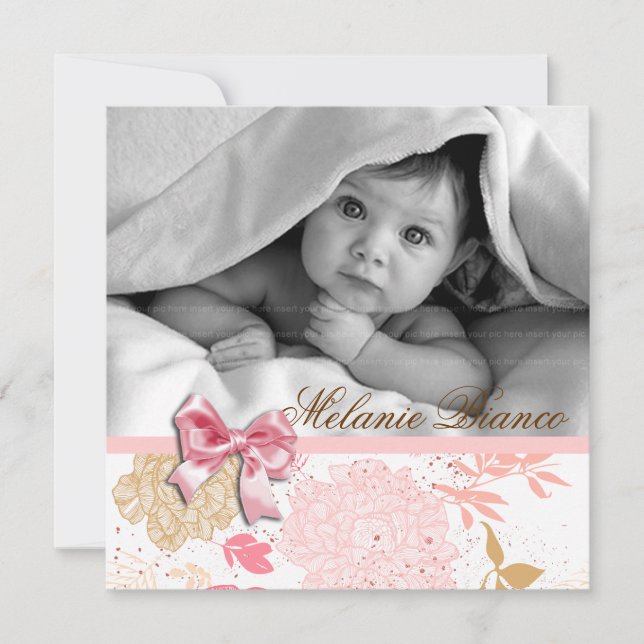 Invitation de la petite fille Faire-part rose blan (Devant)