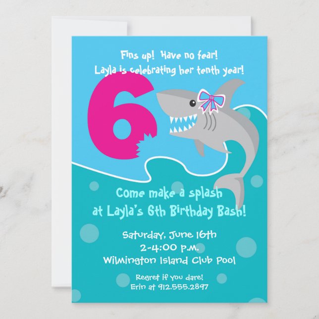 Invitation de la petite fille Shark Bite - 6e fête (Devant)