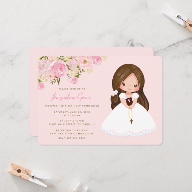 Invitation de la première communion florale rose (Devant/Arrière en situation)