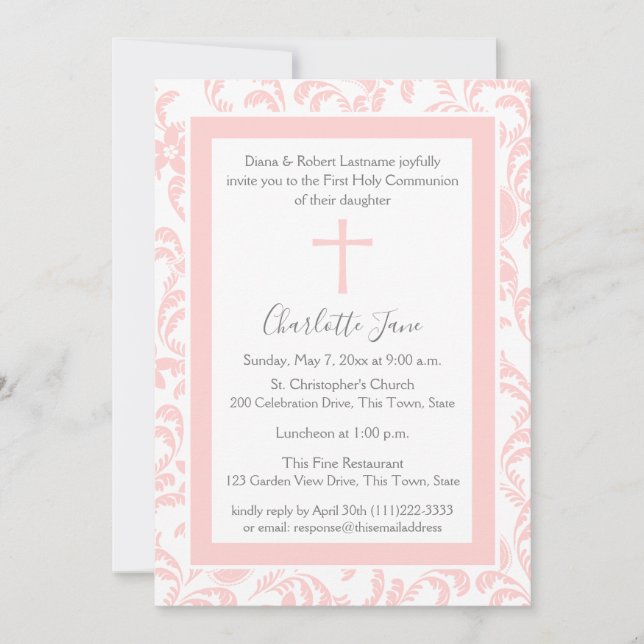 Invitation de la première communion Paisley rose d (Devant)