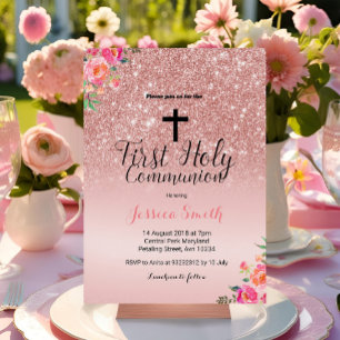 Invitation de la première communion rose Gold