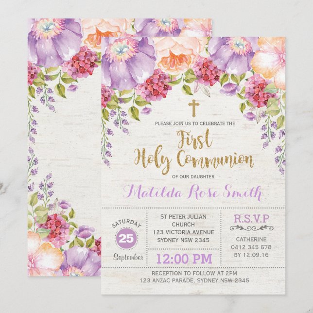 Invitation de la première communion sacrée Flore d (Devant / Derrière)