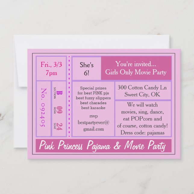 Invitation de la Princesse Pink Pajama et du Movie (Devant)