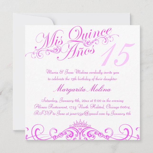 Invitation de la princesse rose Tiara Quinceanera (Devant)