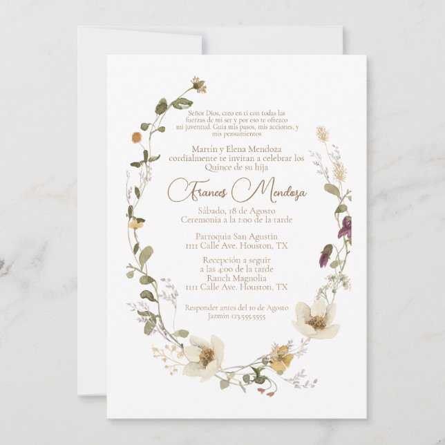 Invitation de la quinceañera Fleur sauvage (Devant)