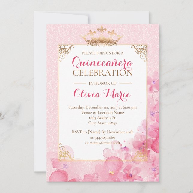 Invitation de la Quinceanera royale rose et or (Devant)