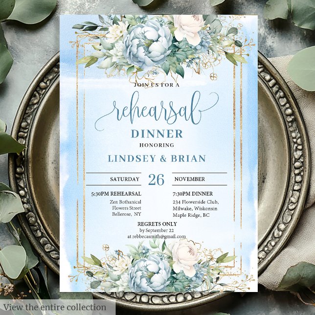 Invitation de la répétition de la pivoine bleu et  (Watercolor Blue and White Peony Rehearsal Invite)
