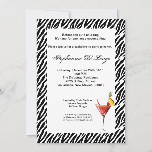 Invitation de la soirée de bachelorette 5x7 (Devant)