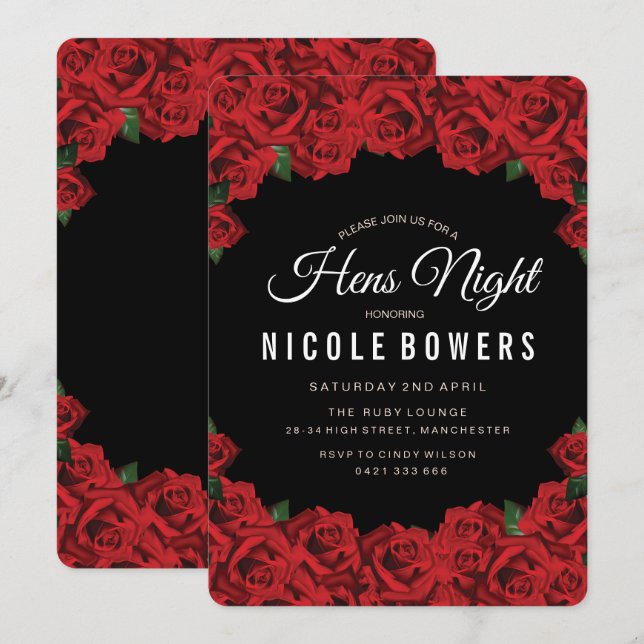 Invitation de la soirée de Red Roses Hens (Devant / Derrière)