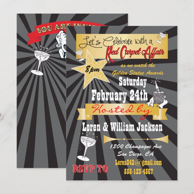 Invitation de la soirée Hollywood Red Carpet Retro (Devant / Derrière)