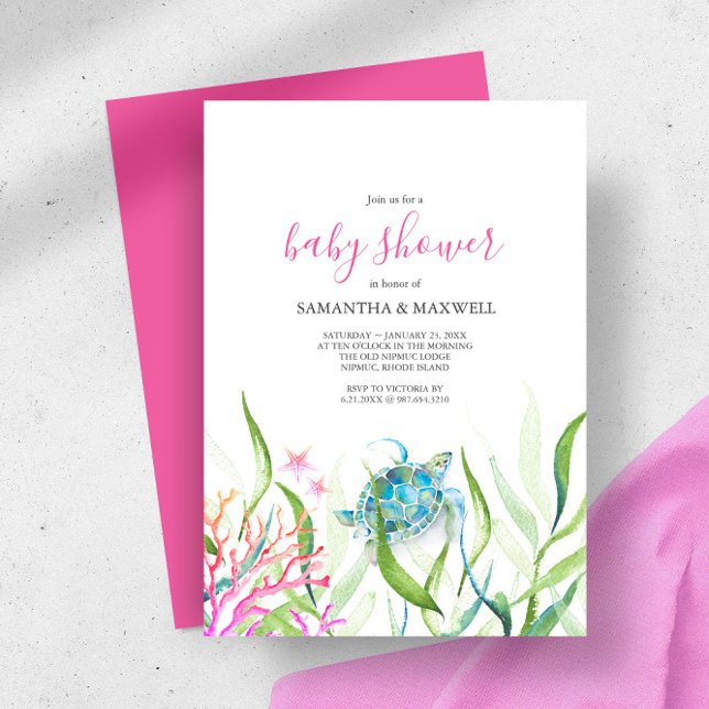 Invitation de la tortue de mer rose et Baby shower (girl baby shower invitations watercolor sea turtle starfish coral and sea botanicals )