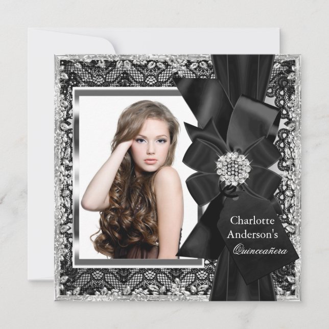 Invitation de Lace & Bow Silver Black Quinceanera  (Devant)