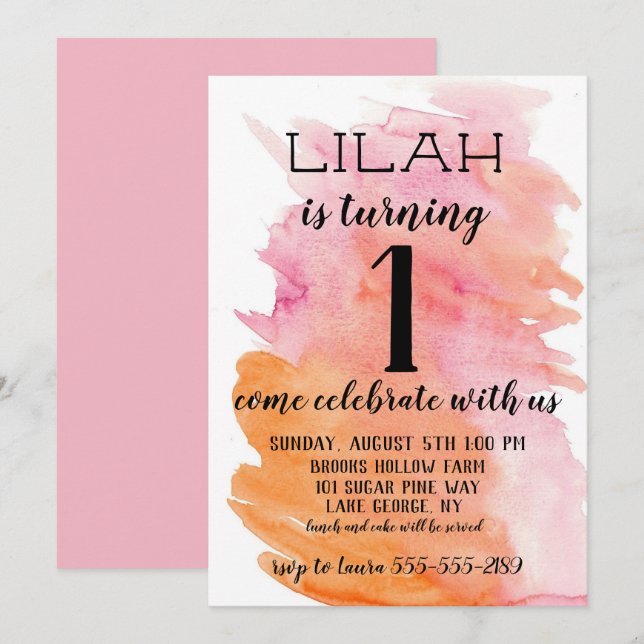 Invitation de l'anniversaire de la fille rose (Devant / Derrière)