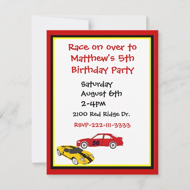 Invitation de l'anniversaire du garçon de voitures (Devant)