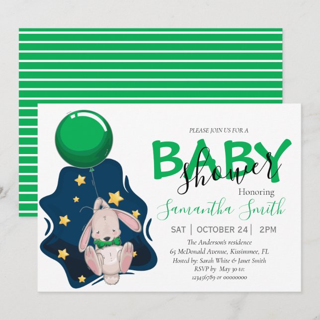 Invitation de lapin Baby shower à ballon (Devant / Derrière)