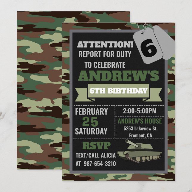 Invitation de l'armée, invitation d'anniversaire m (Devant / Derrière)
