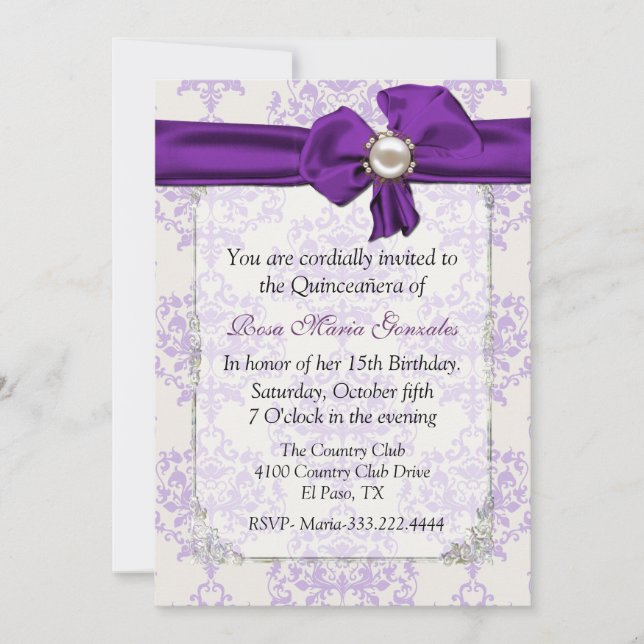 Invitation de Lavender et Cream Damask Quinceañera (Devant)
