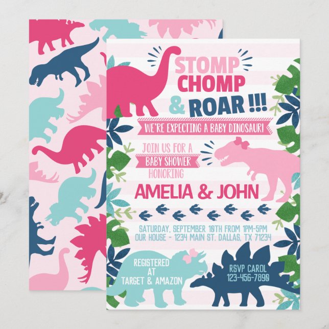 Invitation de l'Baby shower d'invitation Girl Dino (Devant / Derrière)
