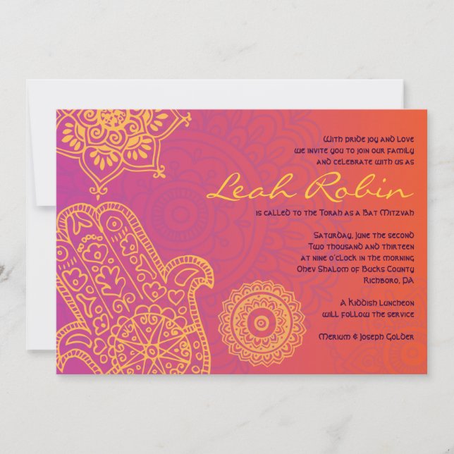 Invitation de l'Bat mitzvah rouge orange HAMSA (Devant)