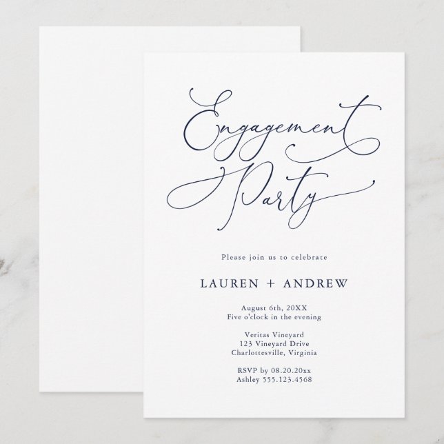 Invitation de l'Elegant Navy Blue Engagement Party (Devant / Derrière)