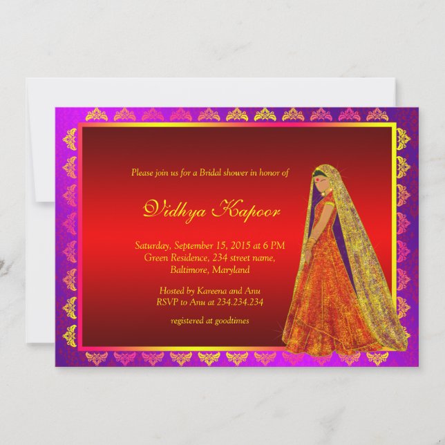 Invitation de l'élégante Fête de l'mariée indienne (Devant)