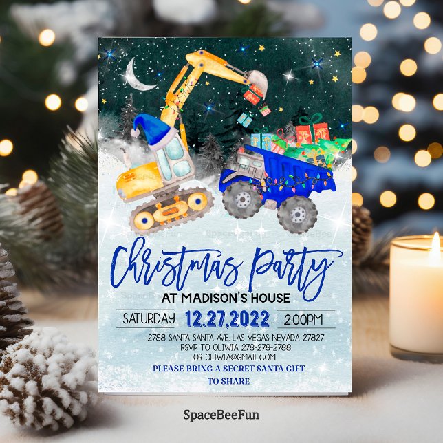 Invitation de l'excavatrice de la fête de Noël du  (Truck Christmas Party Excavator invitation Birthday Christmas Party Car invitation Holiday card invi)