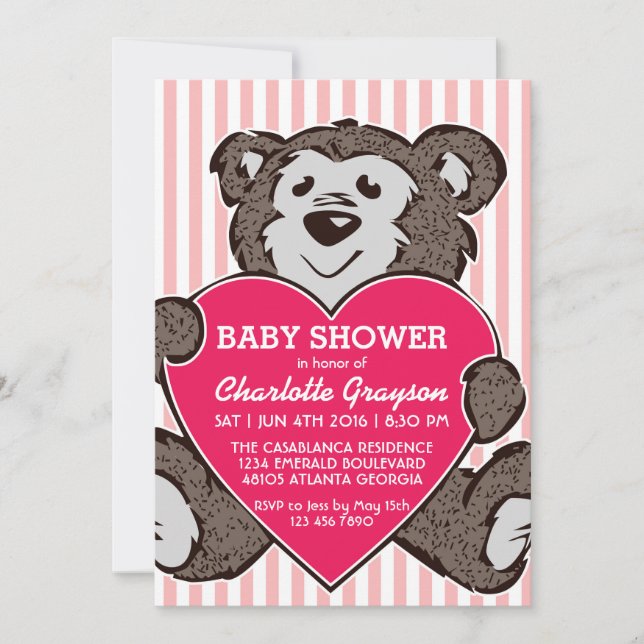 Invitation de l'ours en peluche rose et du Baby sh (Devant)