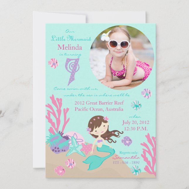 Invitation de lt Brunette Mermaid Seventh Birthday (Devant)