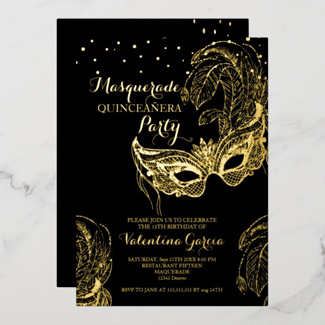 Invitation de luxe en or pour Quinceañera avec mas (Recto/Verso)