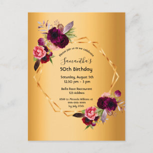 Invitation de luxe florale dorée pour fête d'anniv