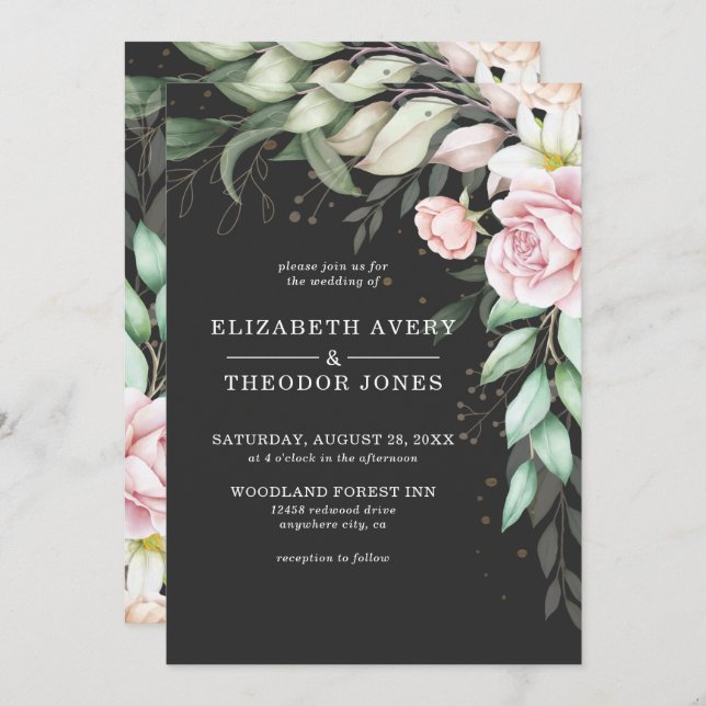 Invitation de luxe Mariage floral noir et rose (Devant / Derrière)