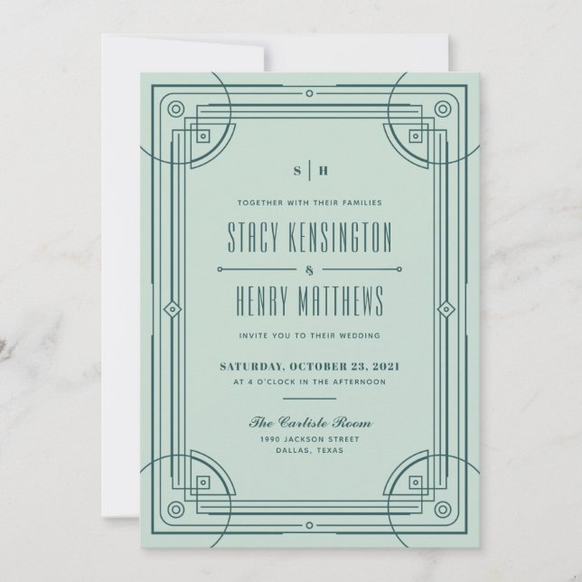 Invitation de mariage à cadre déco moderne - Vert (Devant)