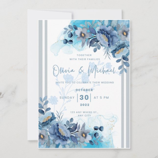 Invitation de mariage à fleurs bleues (Devant)