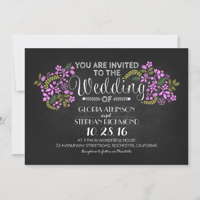 invitation de mariage à la chalkboard à fleurs rus (Devant)
