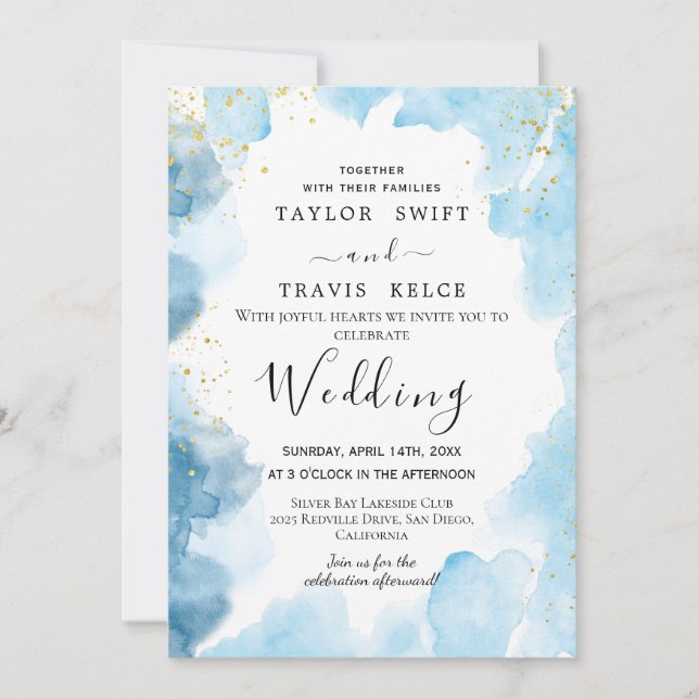 Invitation de mariage à l'aquarelle bleue (Devant)