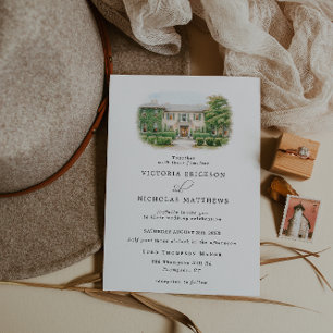 Invitation de mariage à l'aquarelle du manoir Lord