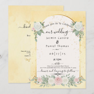 Invitation de mariage à l'arche dorée florale aqua
