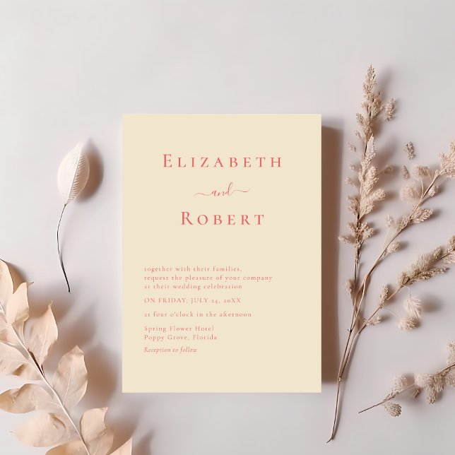 Invitation de mariage à l'écriture moderne minimal (Coral Modern Minimalist Script Wedding Invitation on a table with soft pink dry flowers)