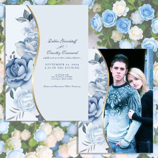 Invitation de mariage à motif floral bleu avec pho
