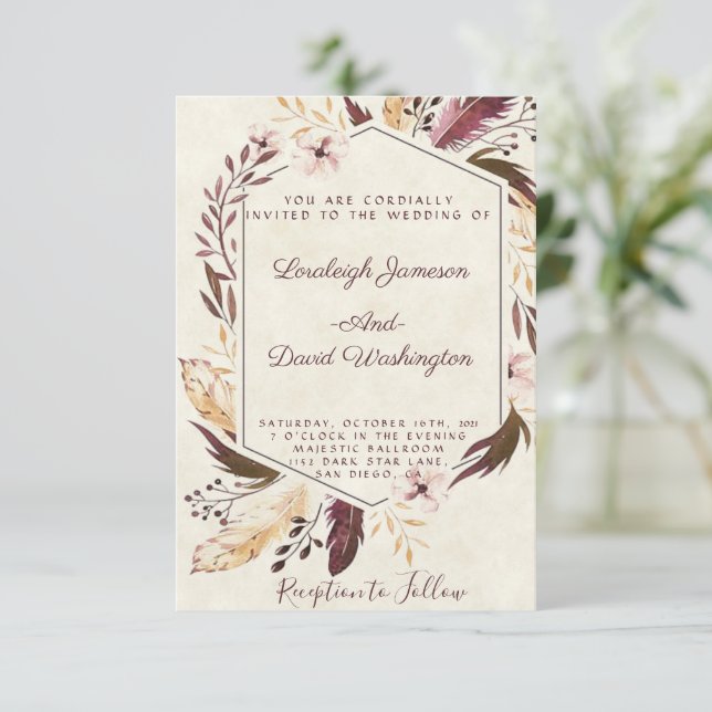 Invitation de mariage à plumes Boho pas chère (Debout devant)