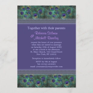 Invitation de mariage à plumes de paon vert violet