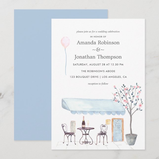 Invitation de mariage à thème Paris aquarelle (Devant / Derrière)