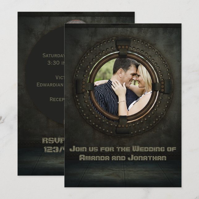Invitation de mariage à thème Steampunk avec photo (Devant / Derrière)