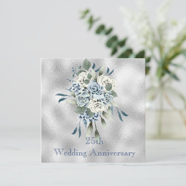 Invitation de mariage anniversaire florale bleu po (Debout devant)